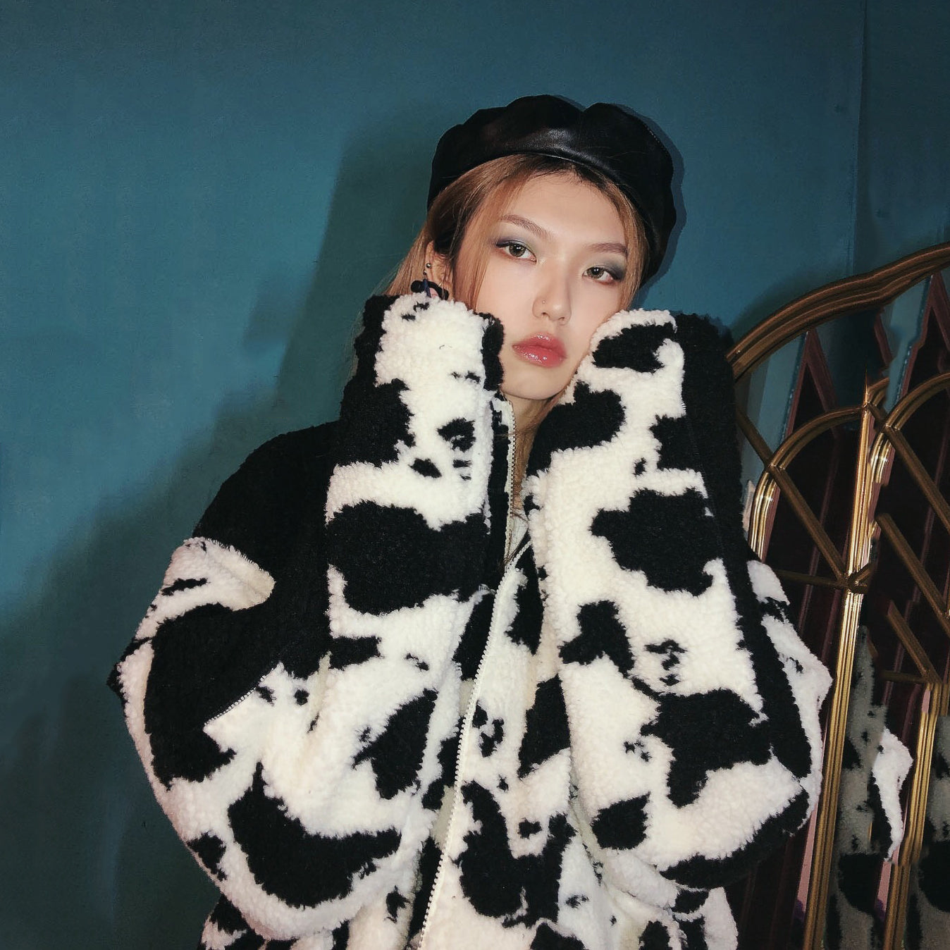 Oversized Cow Print Plush Cotton Jacket for All Pi-Mart