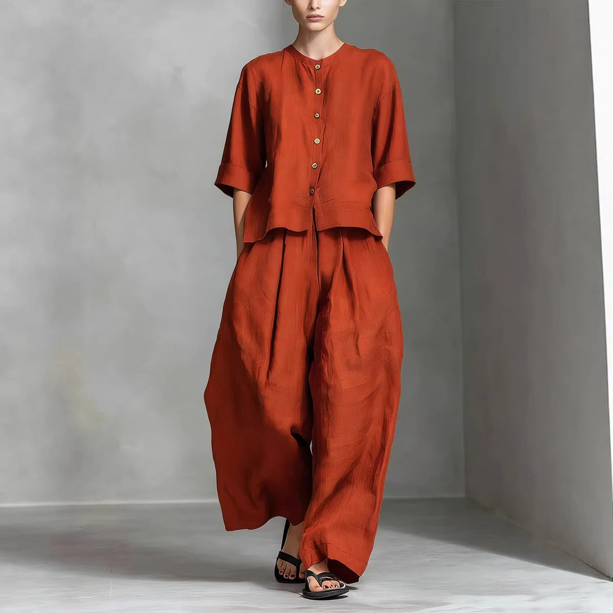 Solid-color Cotton-linen Shirt And Loose-fitting Trousers Two-piece Set NorixaFashion.com