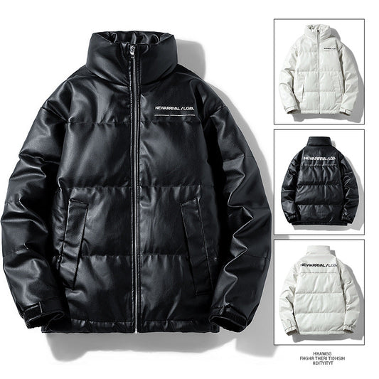 Men's Casual Down Jacket Vintage Stand Collar PU Leather Jacket Best YouTube Store