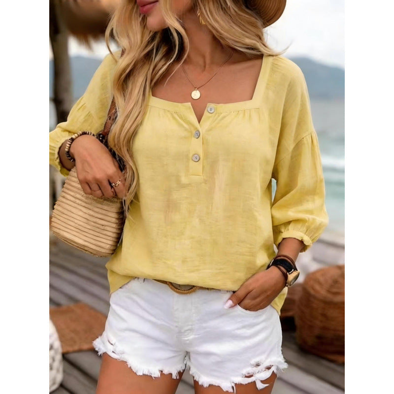 Casual Resort-style Linen Top With Three-quarter Sleeves NorixaFashion.com