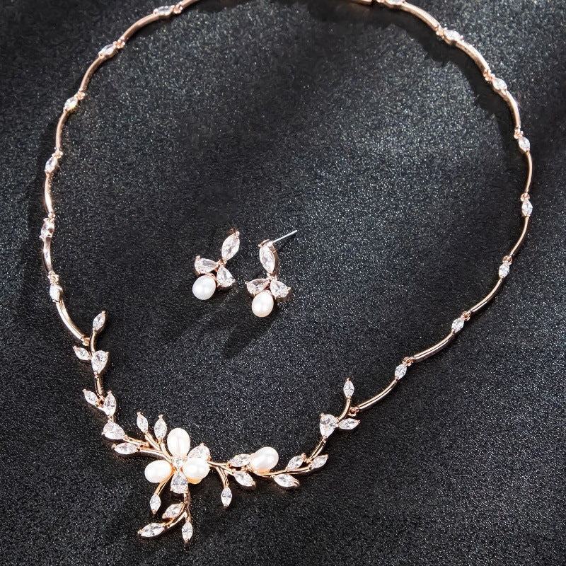 Sweet Pearl Zircon Ear Stud Necklace Jewelry Suit LadyShow.Store