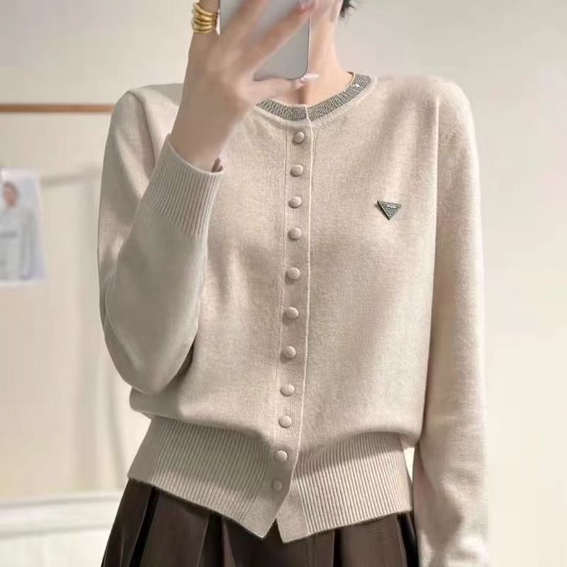 Womens Round-Neck, Diamond-Embellished, Solid-Colored Knit Cardigan LadyShow.Store