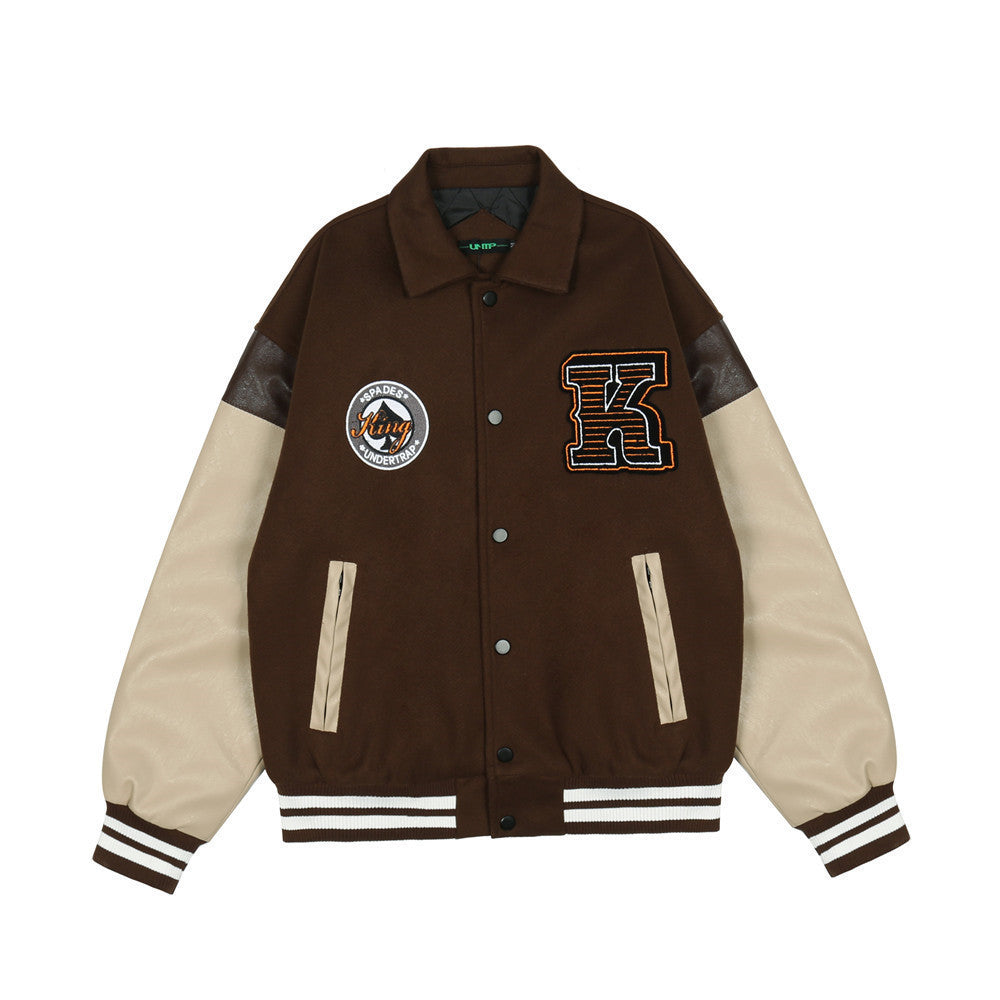 Embroidered PU Leather Sleeve Stitching Baseball Jacket Cotton Jacket Men Best YouTube Store