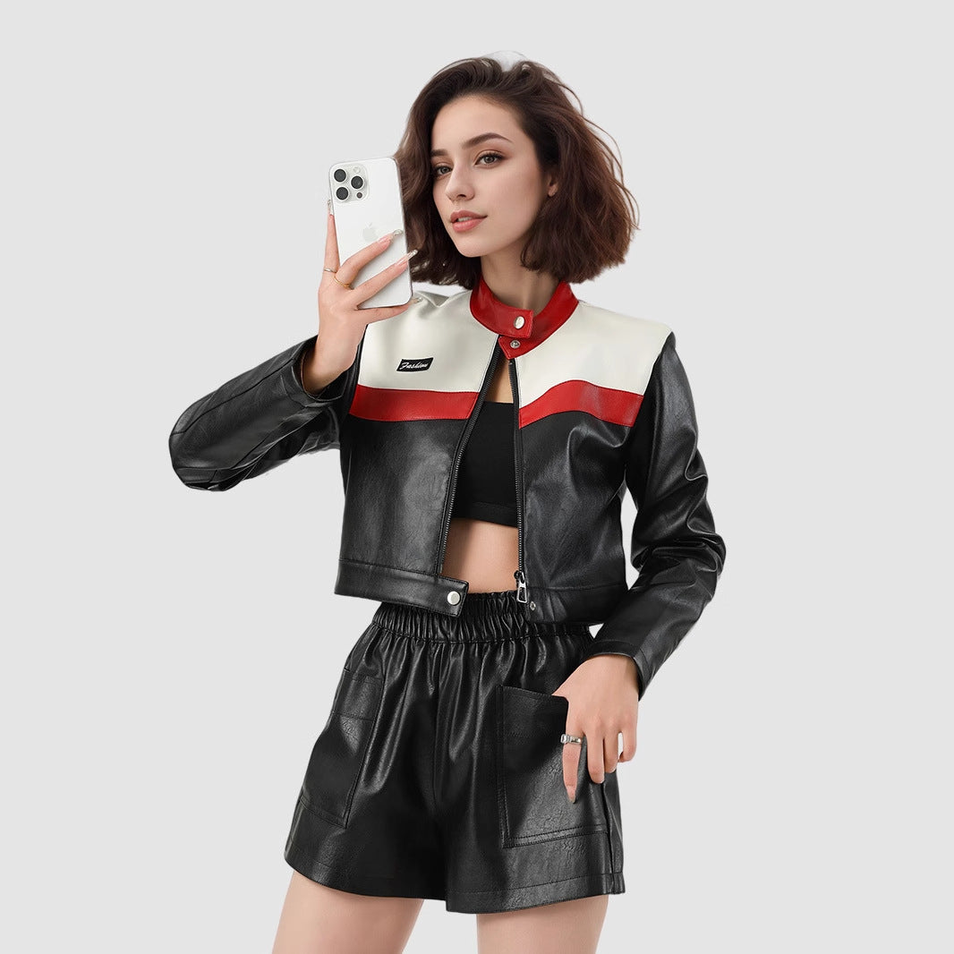 New Color Contrast Patchwork Motorcycle Clothing Pilot Jacket Short Version Coat LadyShow.Store