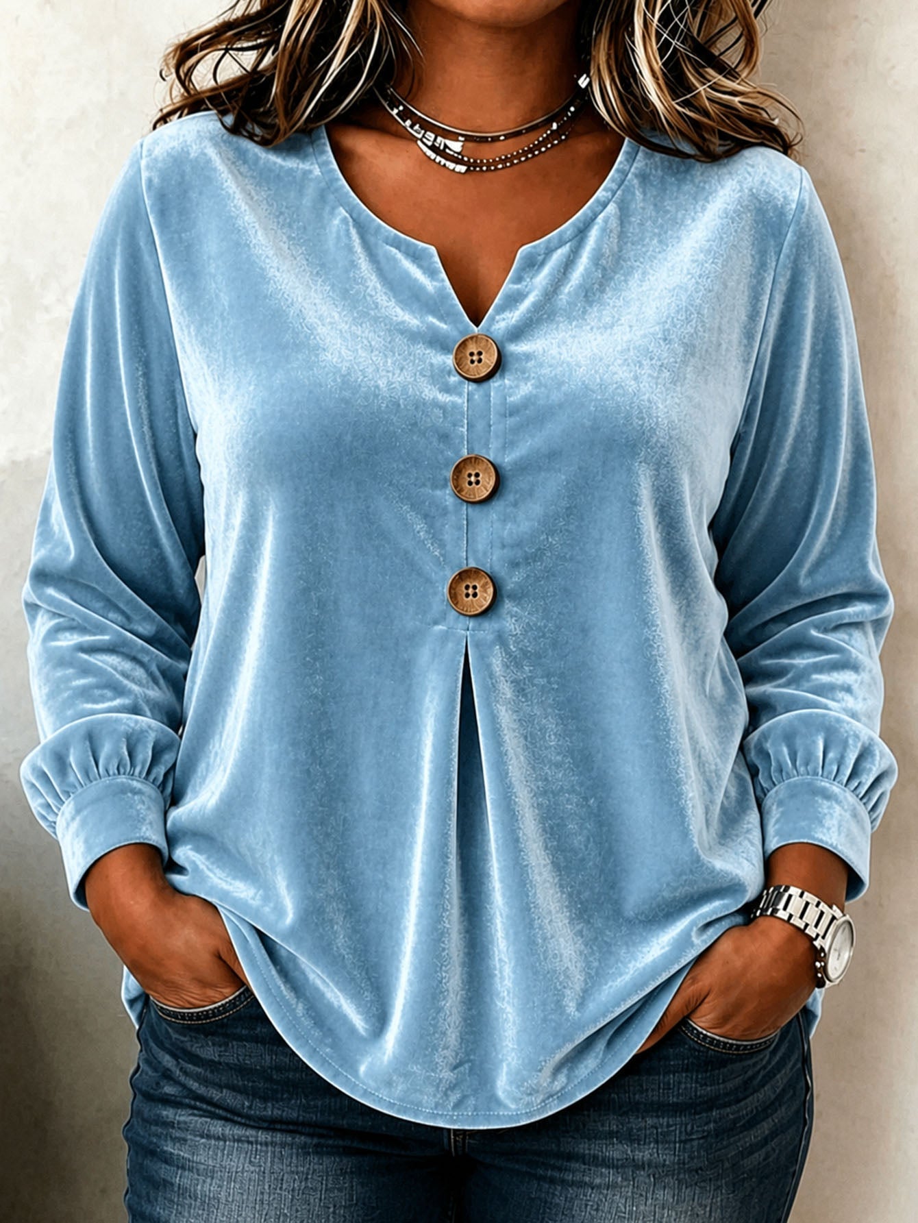 Elegant V-neck Buttoned Long-sleeve Velvet Blouse For Women NorixaFashion.com