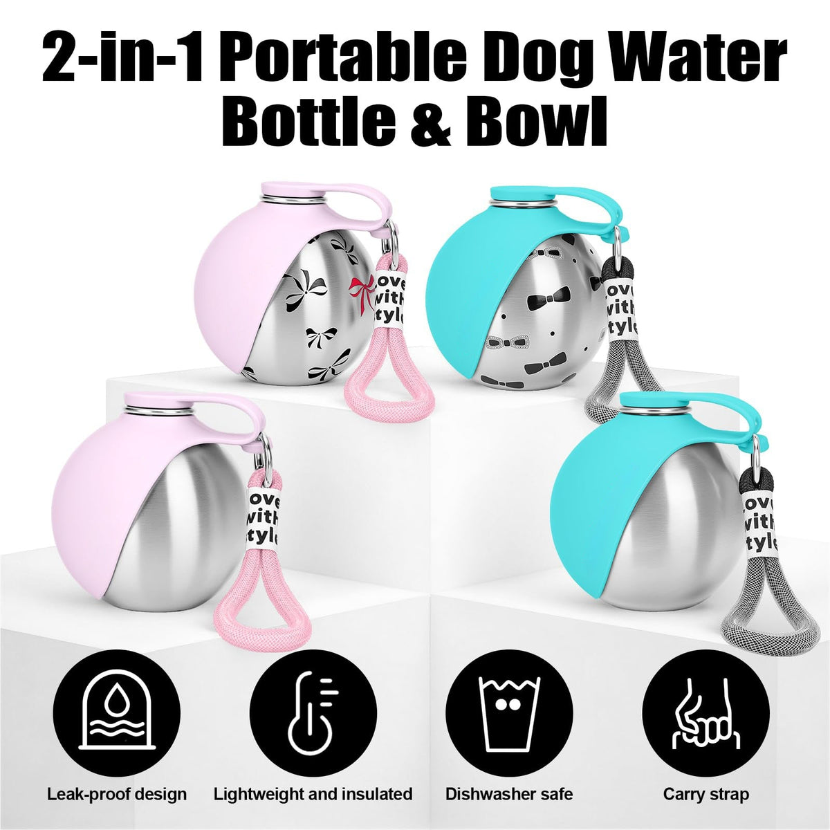 Portable Dog Water Bottle 10oz Stainless Steel Travel Dog Water Dispenser With Bowl No-Spill Puppy Water Bottle For Walking Hiking Small Dog Water Bottle Pets Fashion