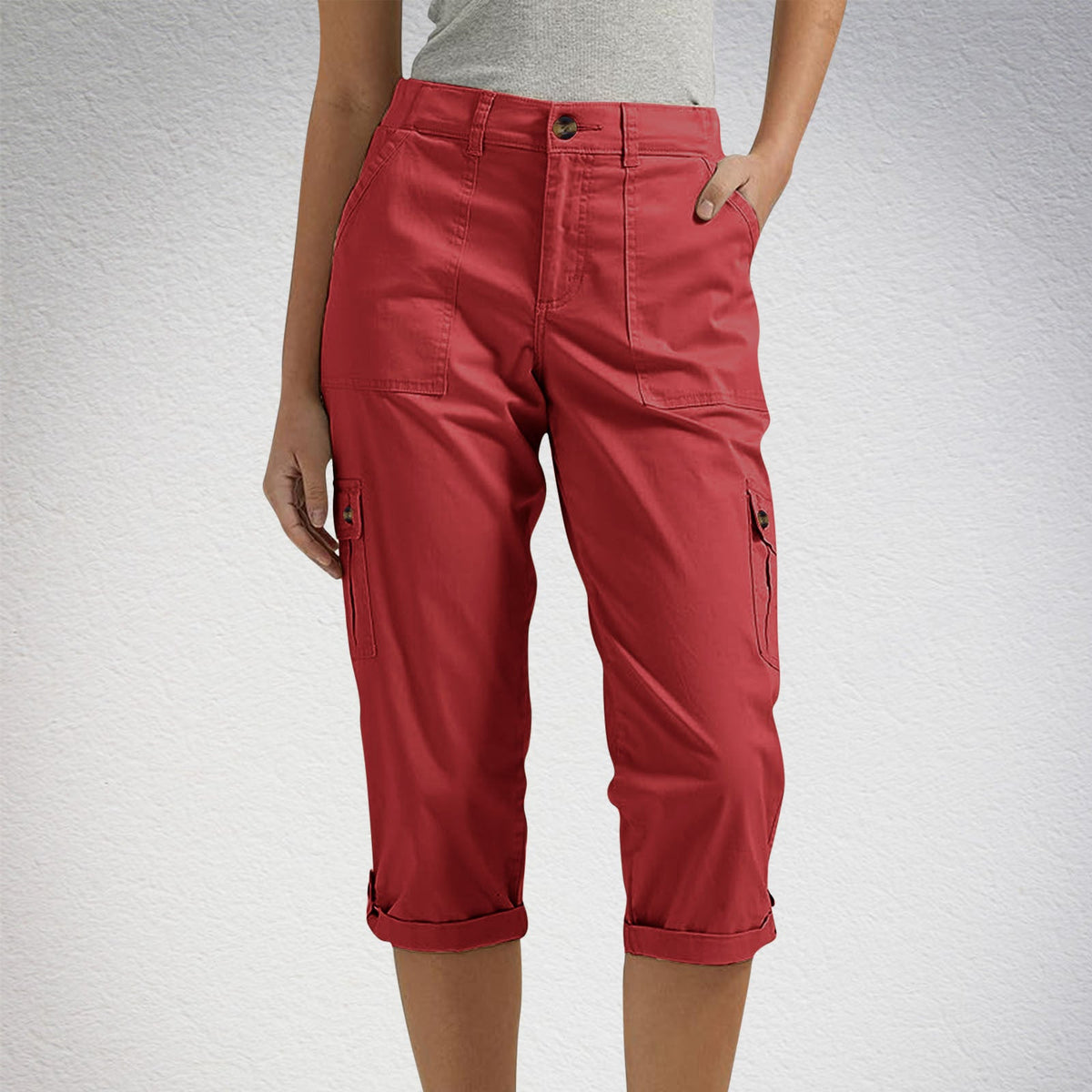 Solid Color Casual Cropped Pants - Women's High Waist Multiple Pockets Capri Trousers for Daily Wear NorixaFashion.com