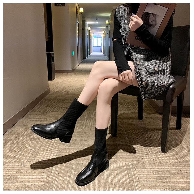 British Style Square Toe Mid-tube Knitted Martin Boots Women LadyShow.Store