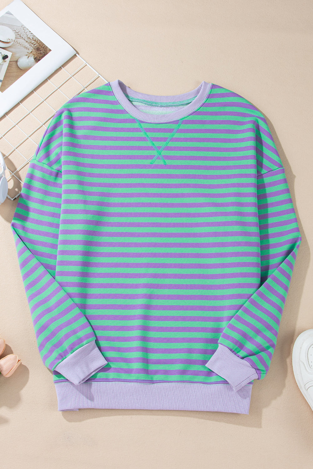 Elliana Stripe Crossed Stitch Drop Shoulder Sweatshirt LuxuryLifeWay Online Store