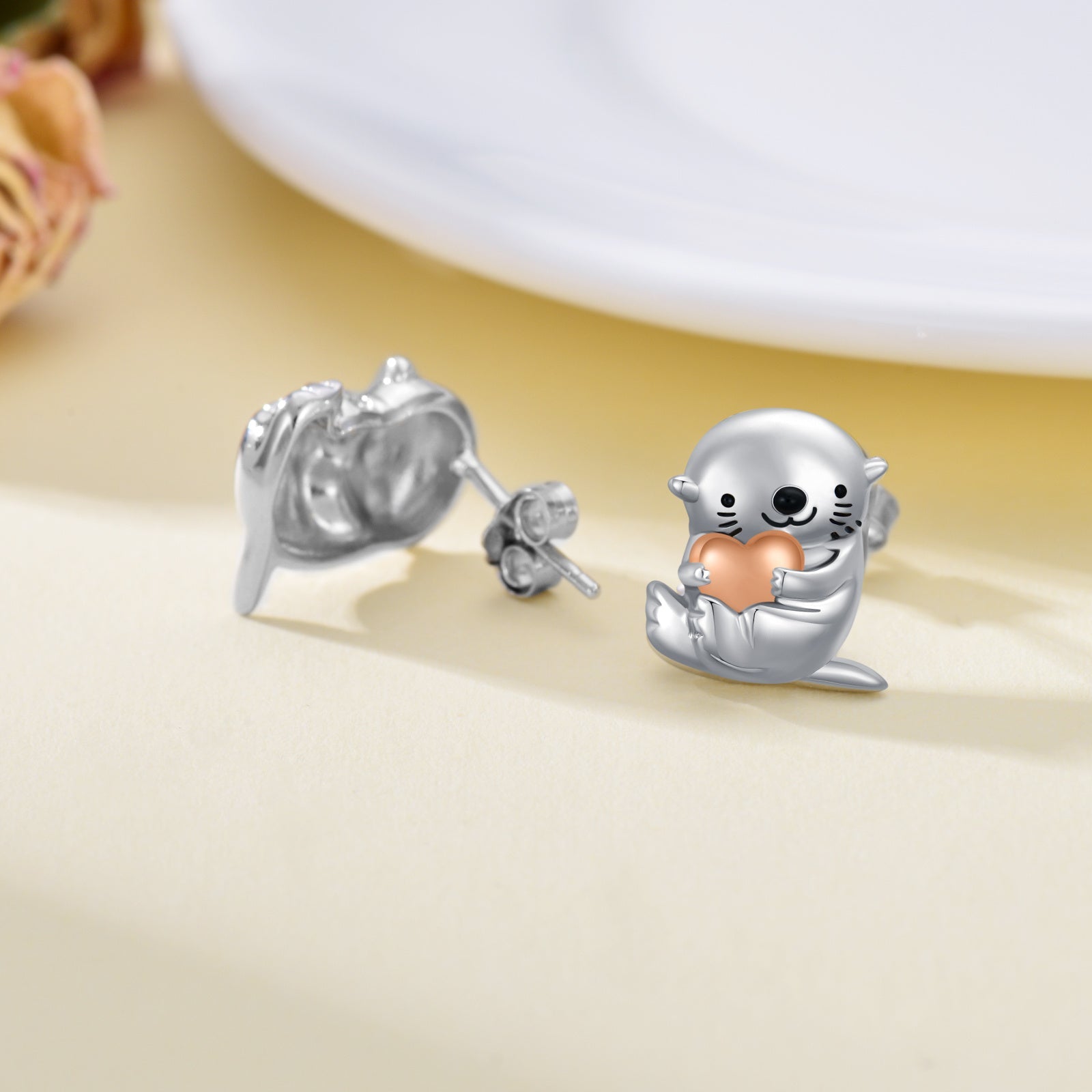 Sea Otter With Heart Earrings Sterling Silver Animal Stud Earrings Otter Earrings LadyShow.Store