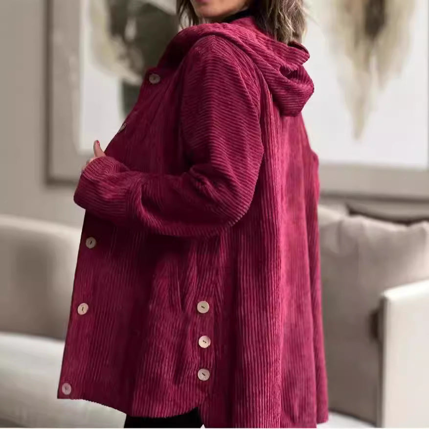 Women's Corduroy Hooded Jacket Fashion Warm Pockets Button Mid-length Top Casual Fall Winter Outwear Clothing LuxuryLifeWay Online Store
