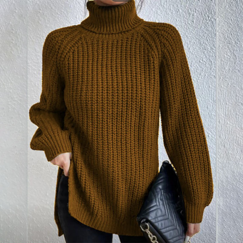 Turtleneck Pullover Sweater With Split Design Fashion Simple Solid Color Long Sleeve Tops Women's Clothing LadyShow.Store