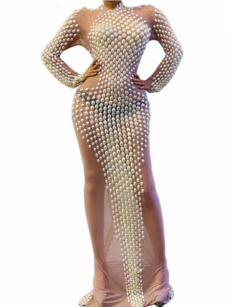 Women Pearl Dress Long Skirt Tight NorixaFashion.com