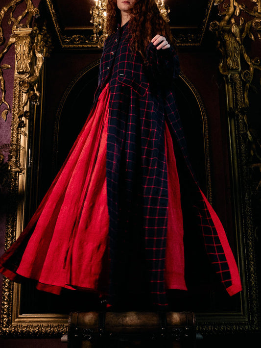 Navy Red Plaid Long Coat With Red Maxi Swing Dress Set NorixaFashion.com
