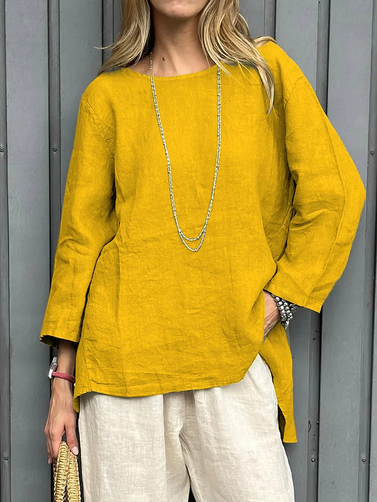Vintage Cotton-Linen Crew-Neck Long-Sleeve Fashion Blouse For Women LadyShow.Store