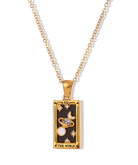 Fashion Tarot Necklace With Rhinestones Diamond Set Pendant Stainless Steel Rectangular Drip Necklace Jewelry