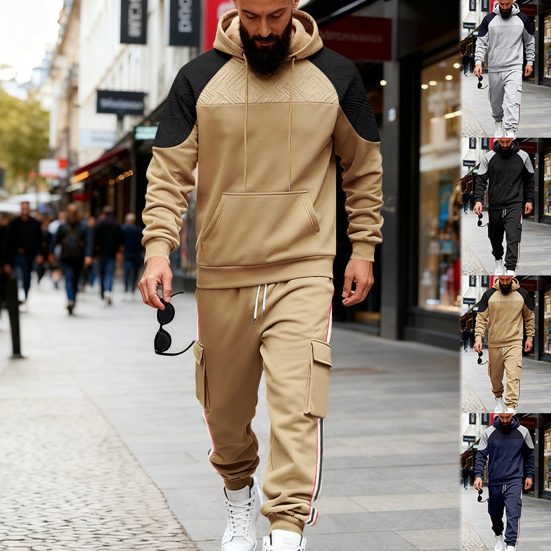 Loose Color-block Textured Hoodie And Sweatpants Casual Set