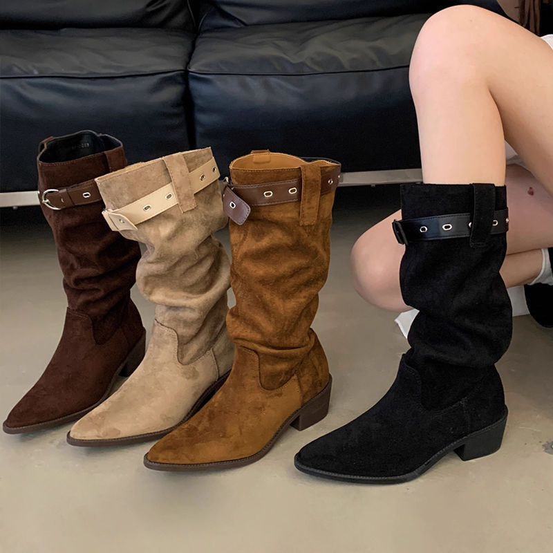 Western Cowboy Mid-calf Thick Heel Pointed Toe High Fold Stack Boots LadyShow.Store