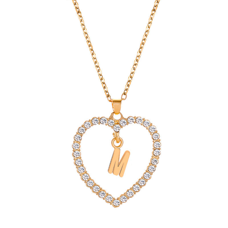 Womens Stylish & Minimalist Diamond-Encrusted 26-Letter Heart Pendant Necklace Best YouTube Store