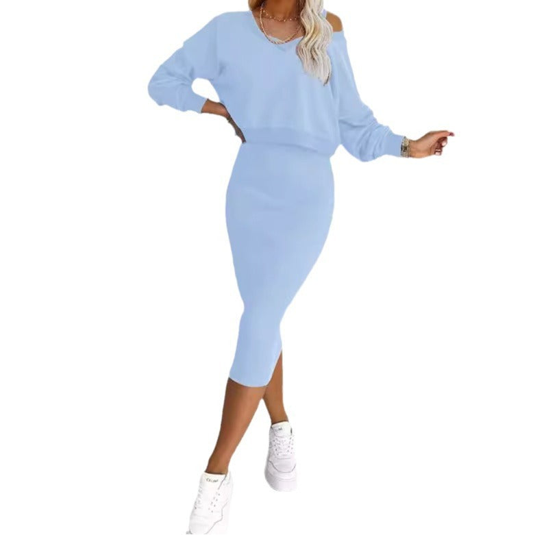 Women's Two Piece Dress Suit Fashion Long-sleeved  V-neck Pullover Sweatshirt And Sleeveless Dresses Set LadyShow.Store