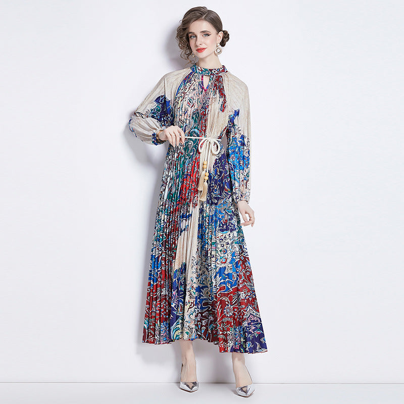 Pleated Tassel Belt Dress Women NorixaFashion.com
