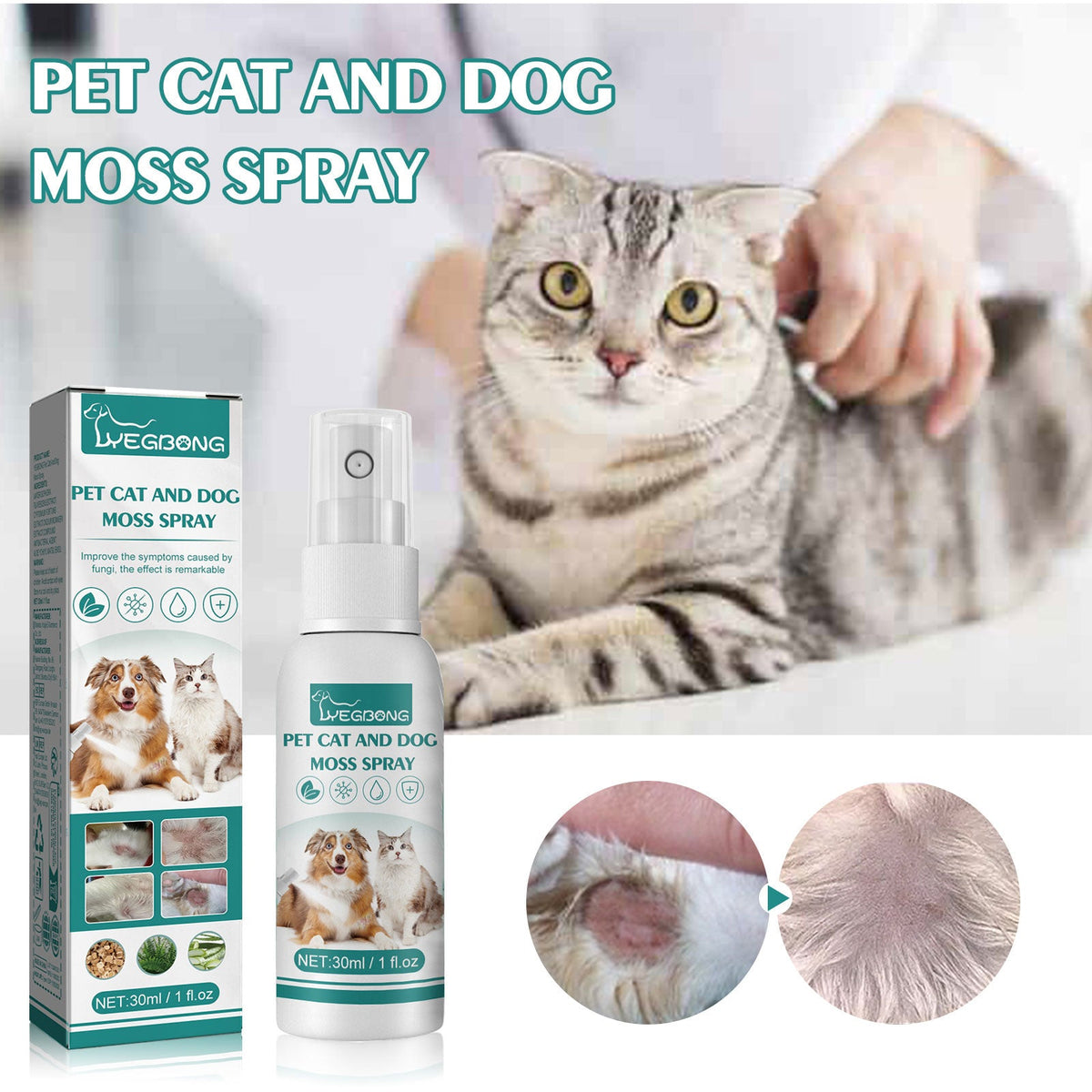 Cat And Dog General Mite Removing Skin Itching, Hair Removal, Redness And Itching Removing Pet Cat And Dog Moss Spray 30ml 1 Box Tri Light Beauty