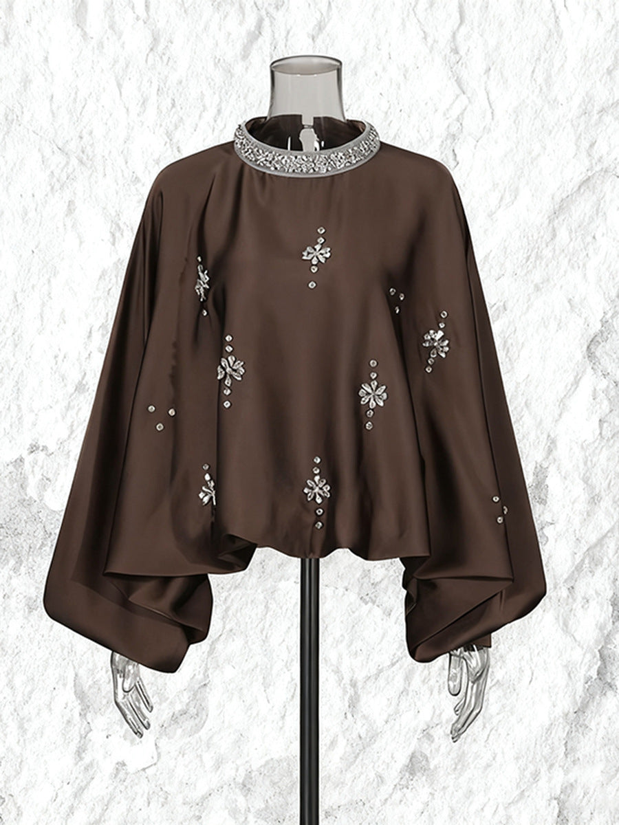 Round Neck Rhinestone Loose Solid Color Pullover Shirt NorixaFashion.com