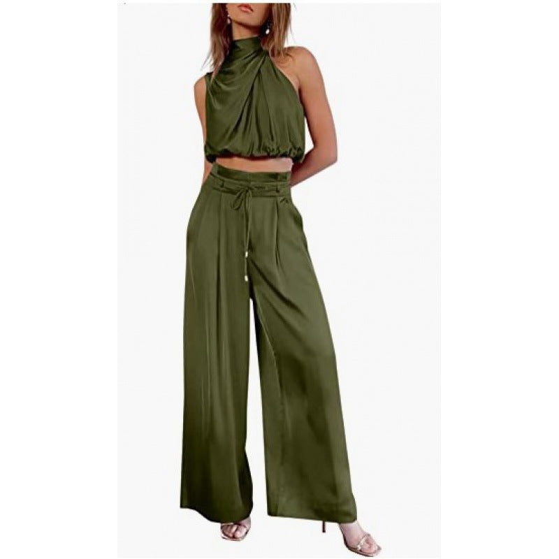 Summer Suits Casual Sleeveless Midriff-baring Top And Wide Leg Pants 2pcs Set Womens Clothing NorixaFashion.com