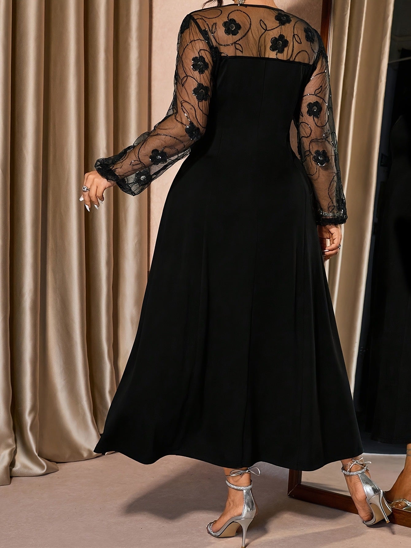 2026 Summer Plus Size Square Neck Mesh Spliced Midi Dress Elegant Casual NorixaFashion.com