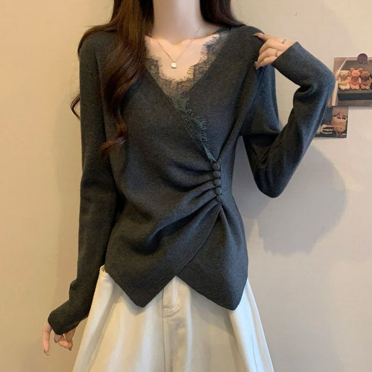 Irregular Cross-feel Lace Spliced V-neck Long Sleeve T-shirt LadyShow.Store