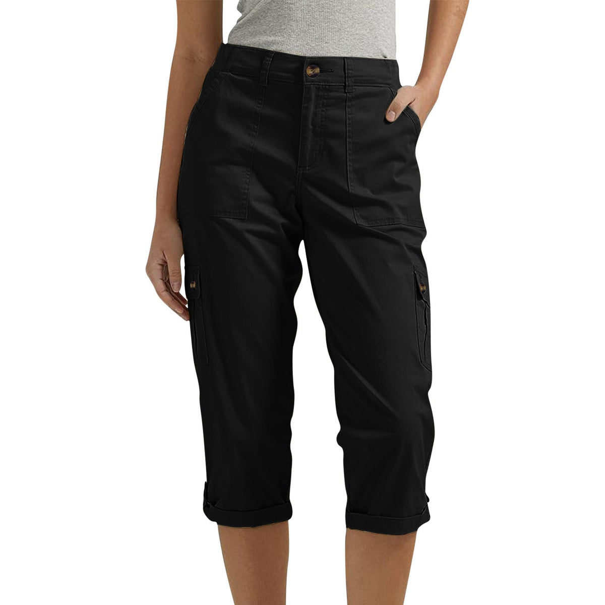 Solid Color Casual Cropped Pants - Women's High Waist Multiple Pockets Capri Trousers for Daily Wear NorixaFashion.com
