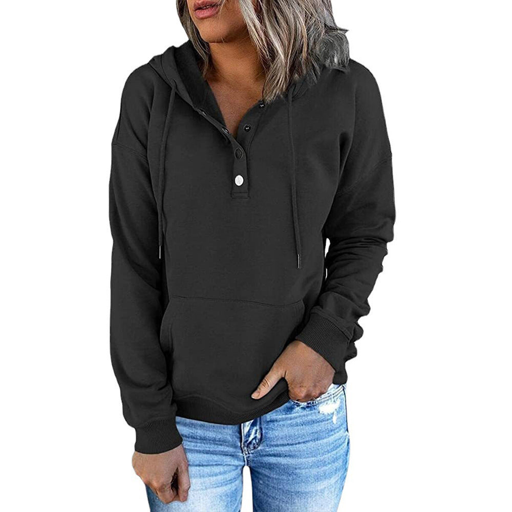 Long-sleeved Hooded Sweatshirt With Pockets Fashion Casual Button Drawstring Design Hoodie Top Spring And Autumn Sports Clothing For Women LadyShow.Store