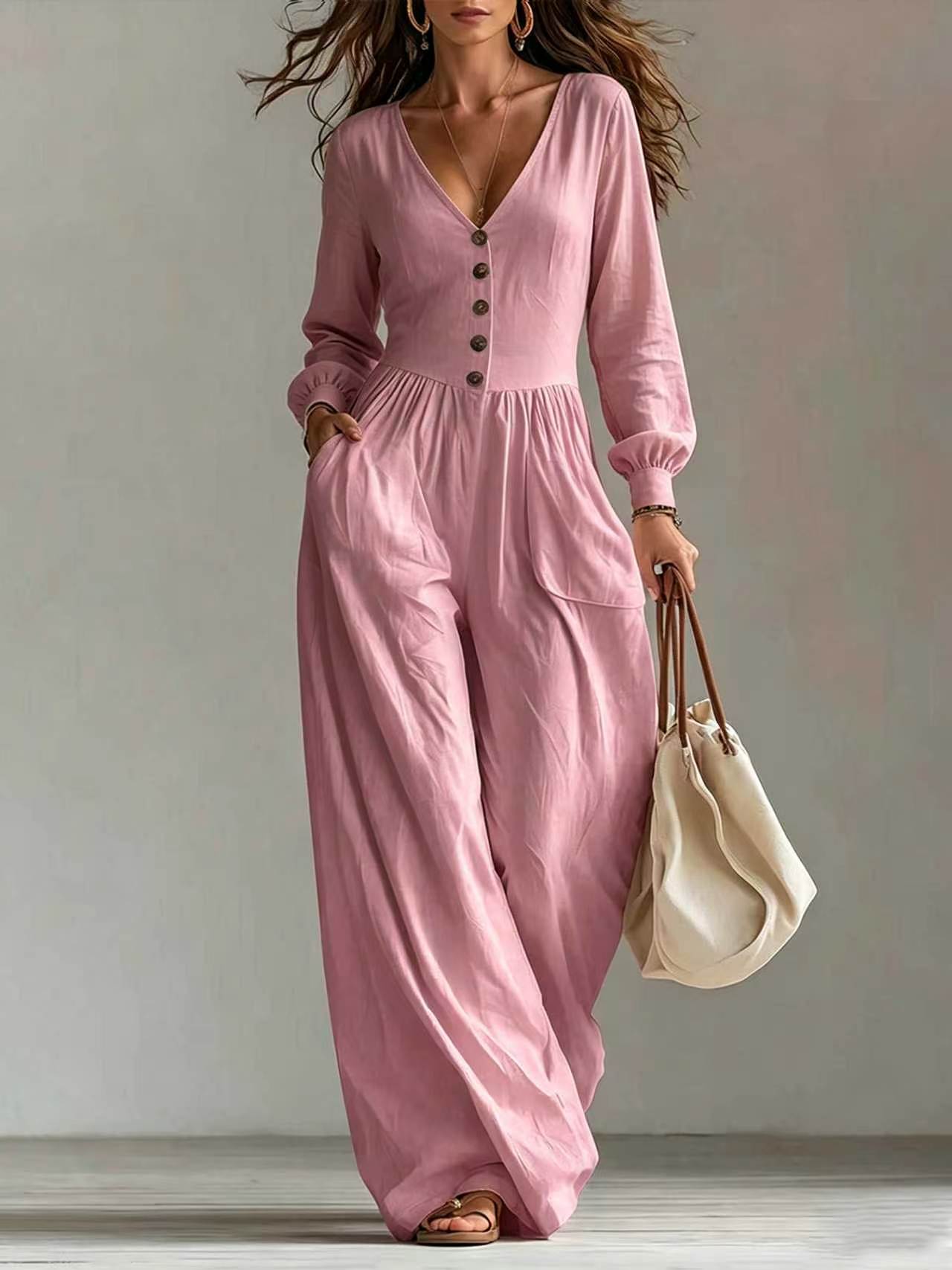 New Autumnwinter Casual Chic Womens V-neck Long-sleeve Jumpsuit With Pockets NorixaFashion.com