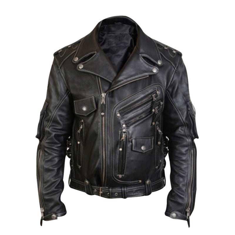 Men's Leather Jacket with Zipper and Multi-Pockets Pi-Mart