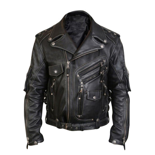 Men's Leather Jacket with Zipper and Multi-Pockets Pi-Mart
