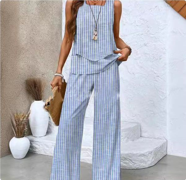 Print Suits Sleeveless Double-layer Vest And Loose Straight Pants Womens Clothing NorixaFashion.com
