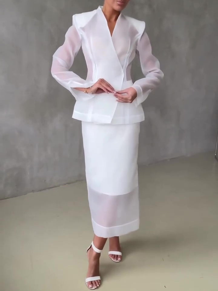 White Organza Tailored Blazer & Sheer Midi Skirt 2-Piece Set NorixaFashion.com