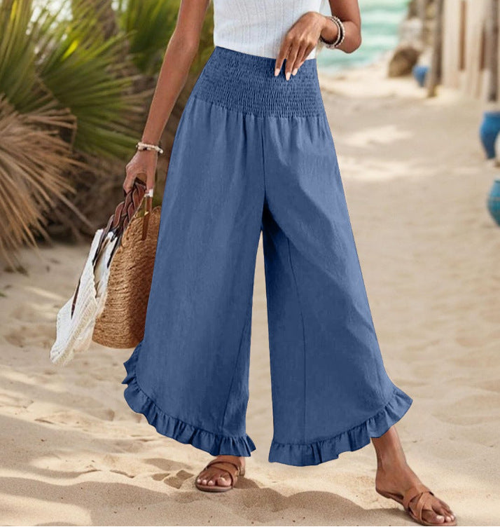Pleated Asymmetrical Hem Cotton-linen Loose-fit Casual Pants NorixaFashion.com