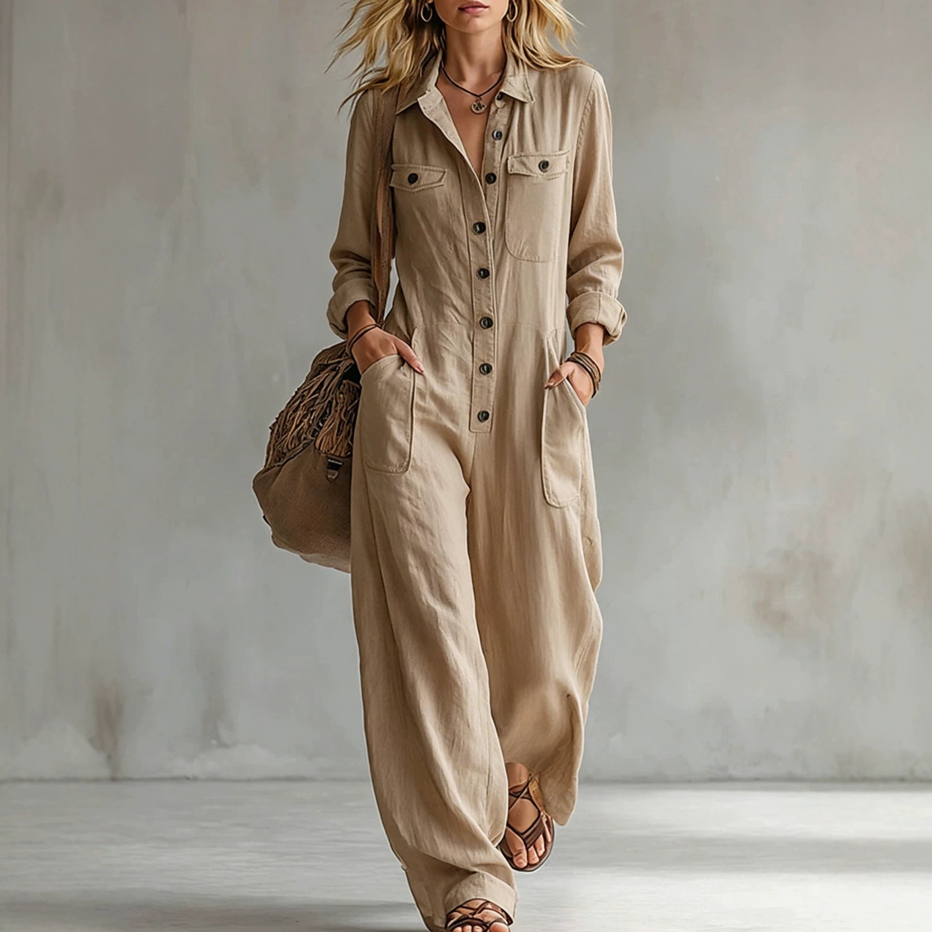 Womens Workwear Linen Casual Jumpsuit NorixaFashion.com