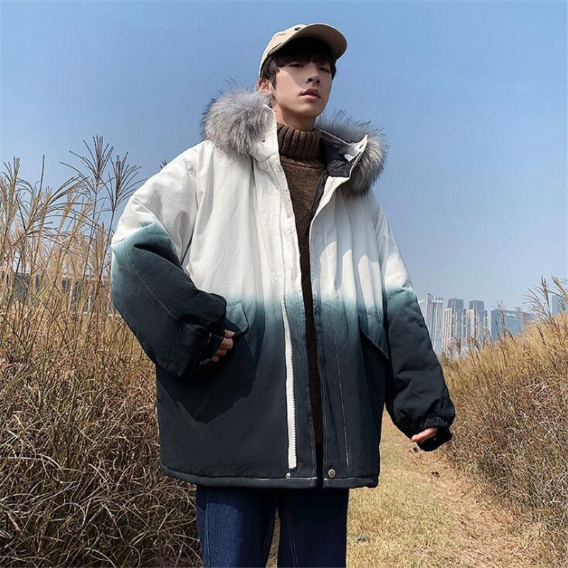 Trendy Thick Fur Collar Gradient Hooded Cotton Jacket Pi-Mart