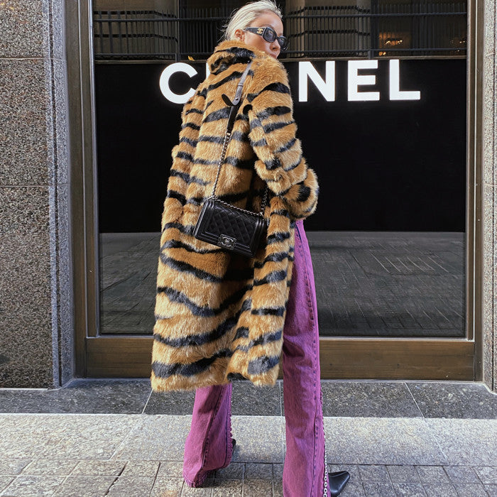 Faux Fur Coat With Tiger Pattern Fur And Long Artificial Hair LadyShow.Store