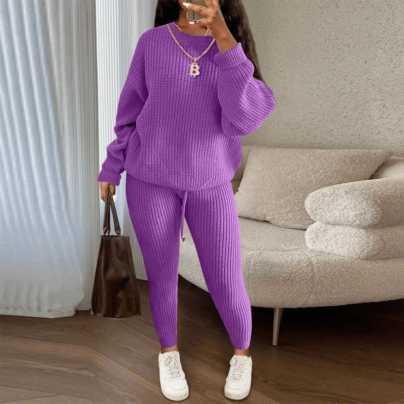 Winter Ribbed Knit Suits Fashion Loose Pullover Sweater Top And Drawstring Pants For Women Trouser Set Clothing LadyShow.Store