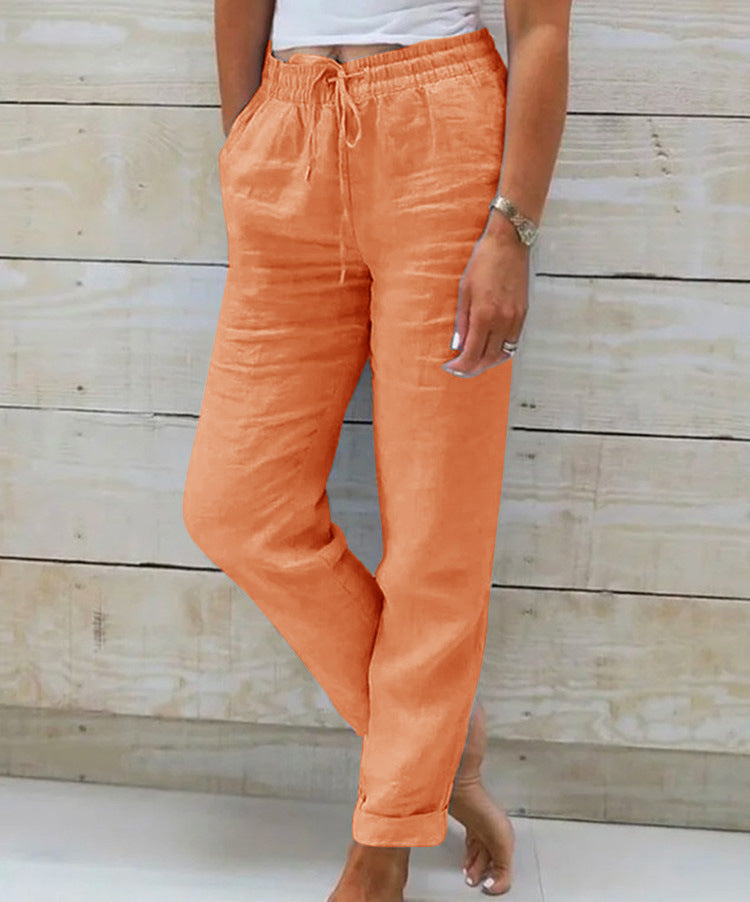 Elastic Waist Solid Cotton Hemp Pants NorixaFashion.com