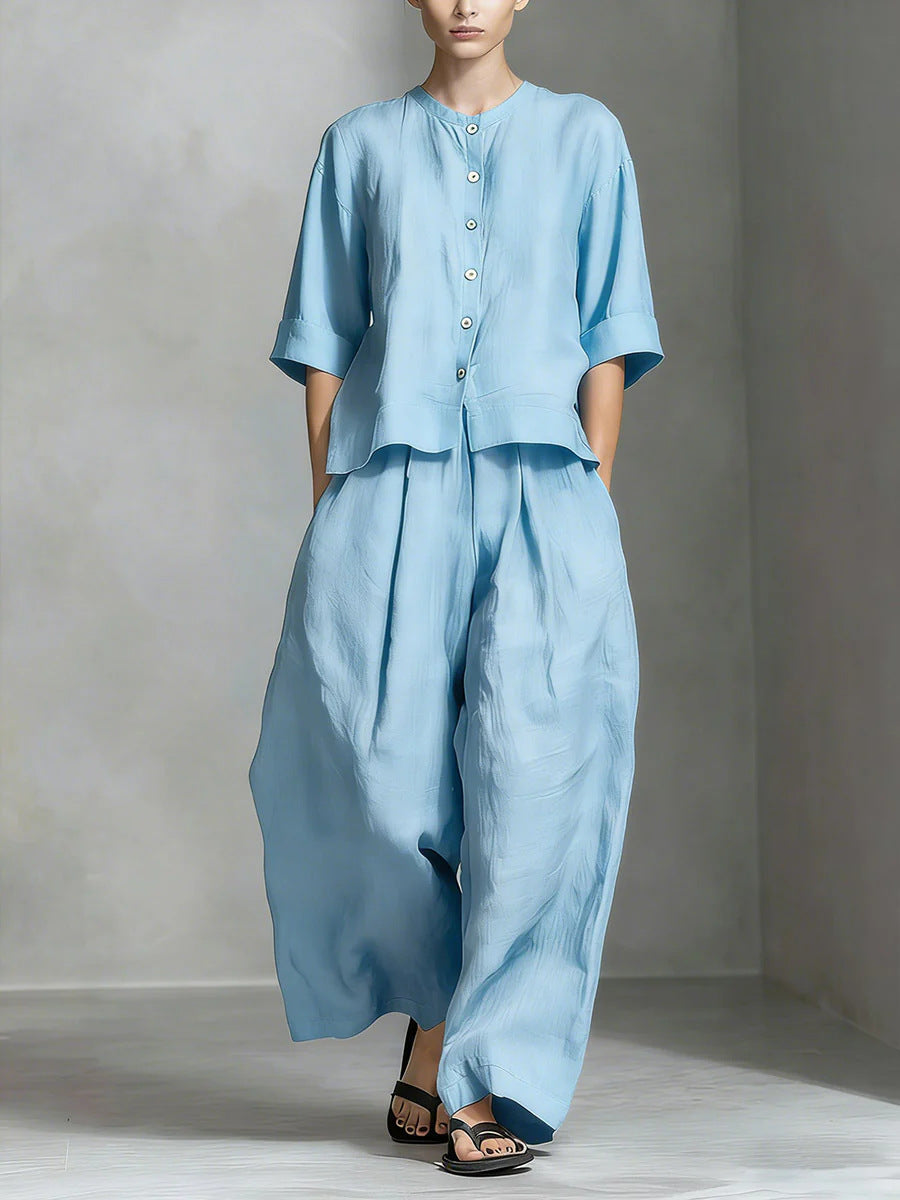 Solid-color Cotton-linen Shirt And Loose-fitting Trousers Two-piece Set NorixaFashion.com
