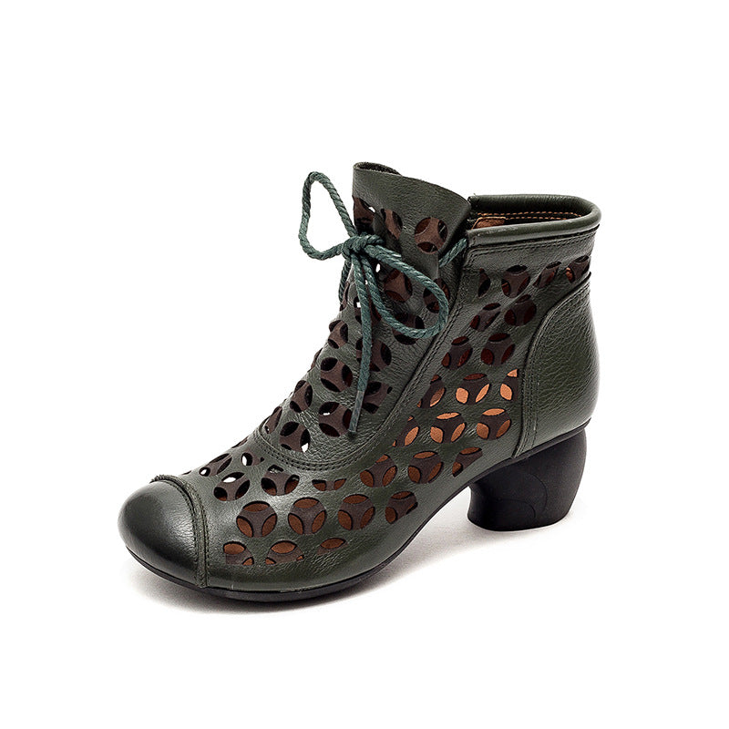 Comfortable Leather Women's Shoes Round Toe Mid Heel Chunky Heel Lace Up Sandals LadyShow.Store