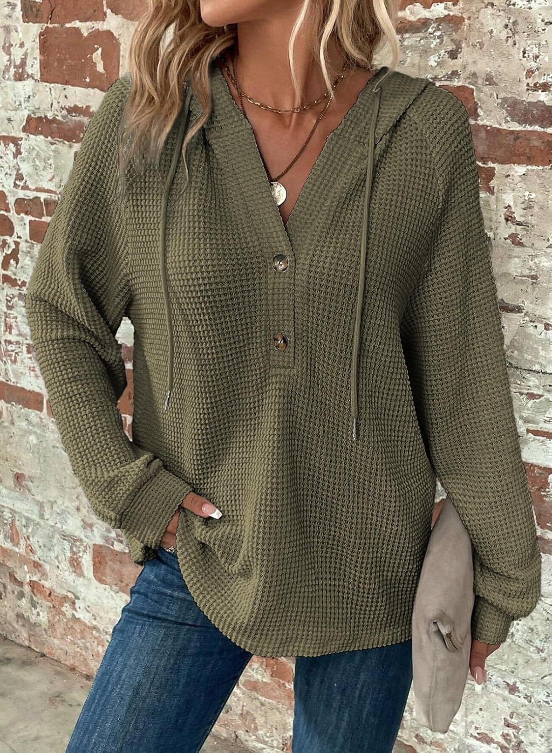 Waffle Hooded Sweater Sweatshirt Fashion Casual Long-sleeved Drawstring V-neck Buttons Top Women's Clothing NorixaFashion.com