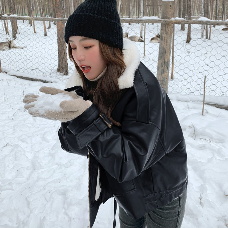 Light Brown Lapel Small Rabbit Fur Thick Loose Short Leather Jacket Best YouTube Store