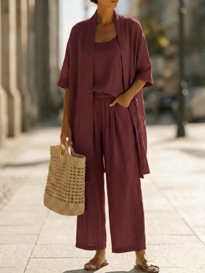Three-piece Suit Women's Mid-length Cardigan Tank Top And Straight-leg With Pockets Fashion Trousers Set NorixaFashion.com