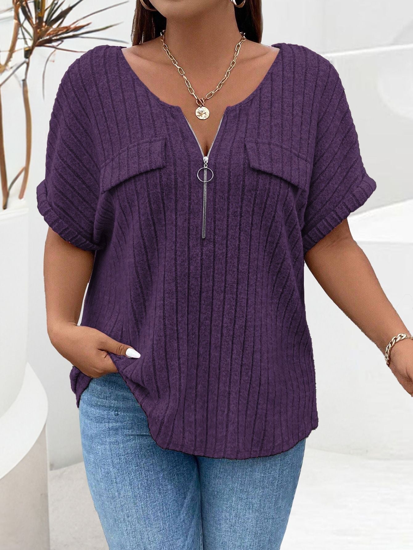 Solid-color Plus-size Top With Zipper Short Sleeves And Faux Pockets NorixaFashion.com