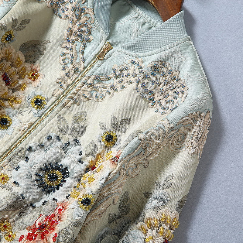 Women's Embossed Peony Crystal Beaded Baseball Uniform Long-sleeved Jacket Best YouTube Store